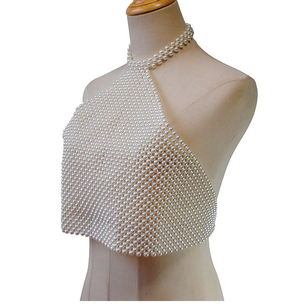 Opulent Cropped Handcrafted Imitation Pearl Body Chain Halter Top - Image 3