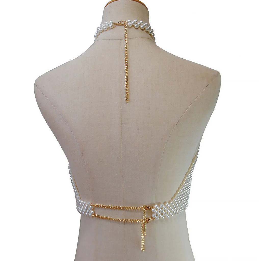 Opulent Cropped Handcrafted Imitation Pearl Body Chain Halter Top - Image 4