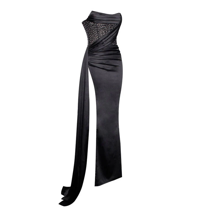 Opulent Crystal Corset Draped High Split Satin Strapless Maxi Evening Dress - Image 2
