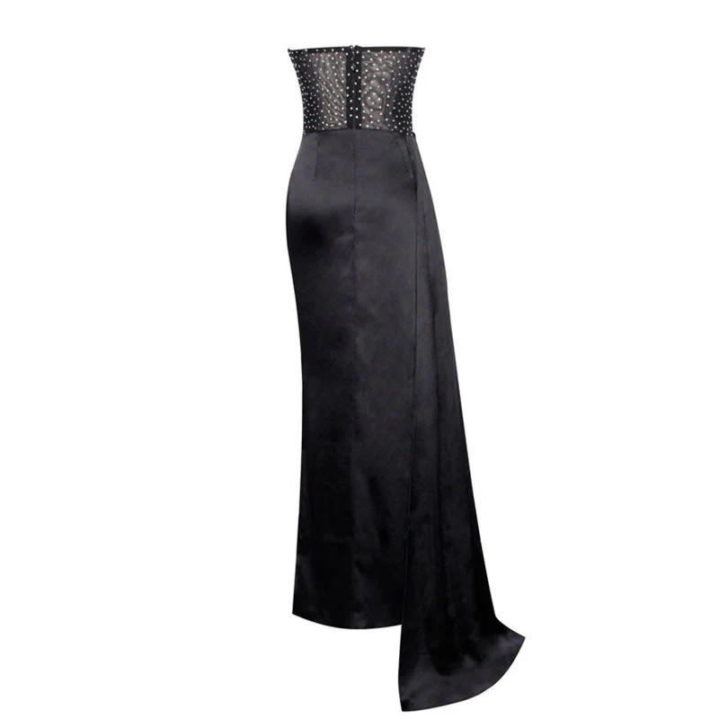 Opulent Crystal Corset Draped High Split Satin Strapless Maxi Evening Dress - Image 3