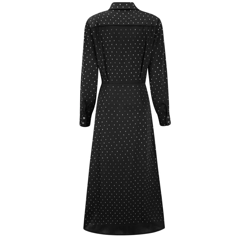 Opulent Crystal Dotted Half Button Bow Tie Long Sleeve Chiffon Midi Shirt Dress - Image 5