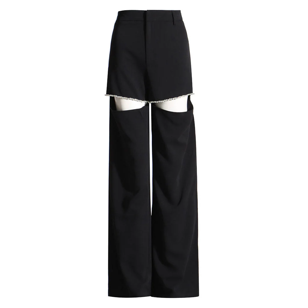 Opulent Crystal Embellished CutOut High Waist Straight Leg Suit Pants - Image 2