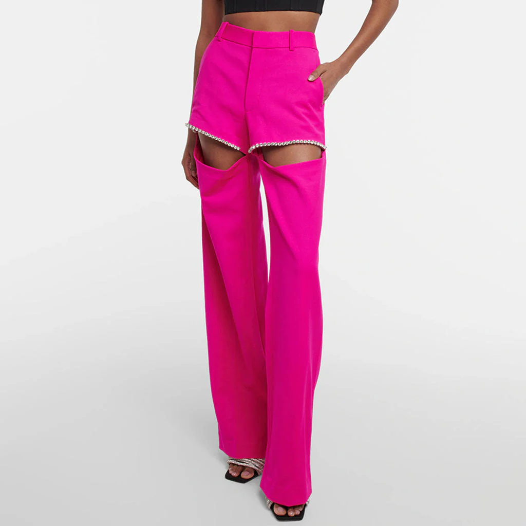 Opulent Crystal Embellished CutOut High Waist Straight Leg Suit Pants - Image 4