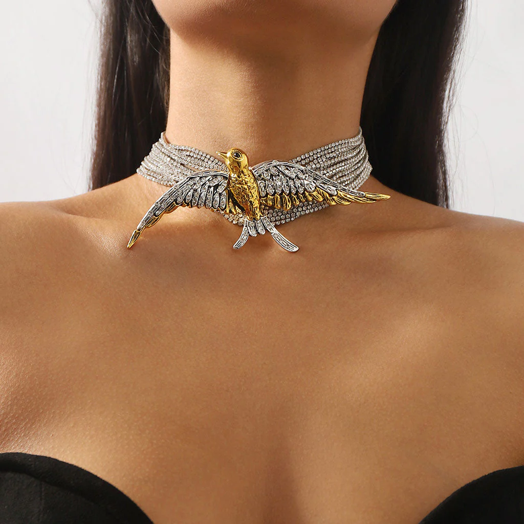 Opulent Crystal Exaggerated Bird Layered Tennis Choker NeckLace - Image 2