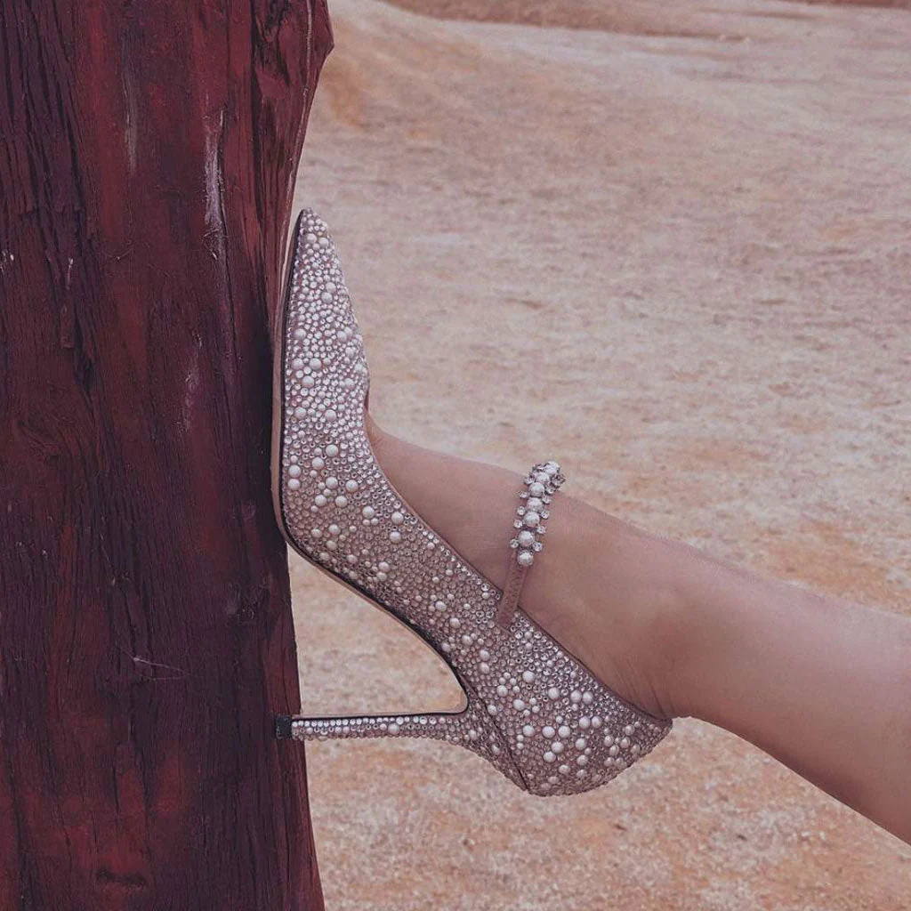 Opulent Crystal Pearl Embellished Stiletto Mary Jane Pumps - Grey - Image 2
