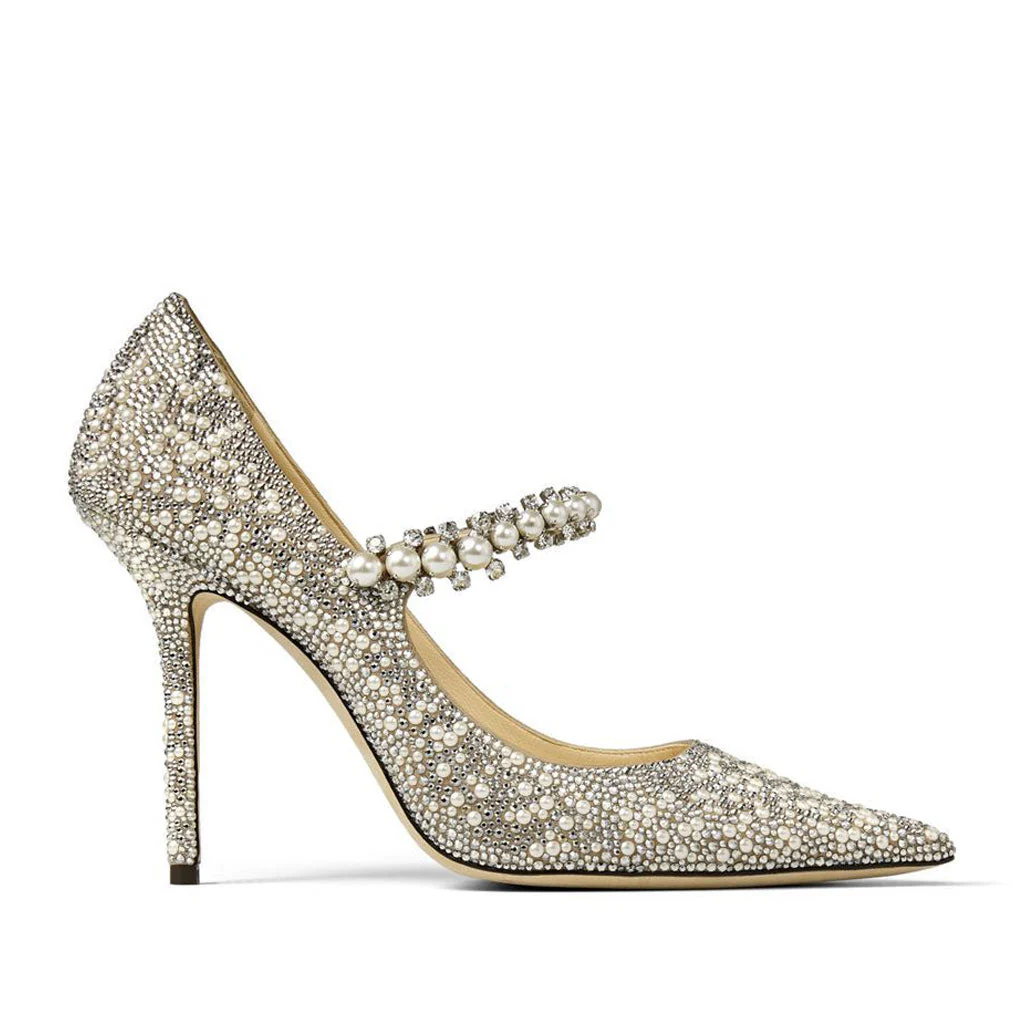 Opulent Crystal Pearl Embellished Stiletto Mary Jane Pumps - Grey - Image 4