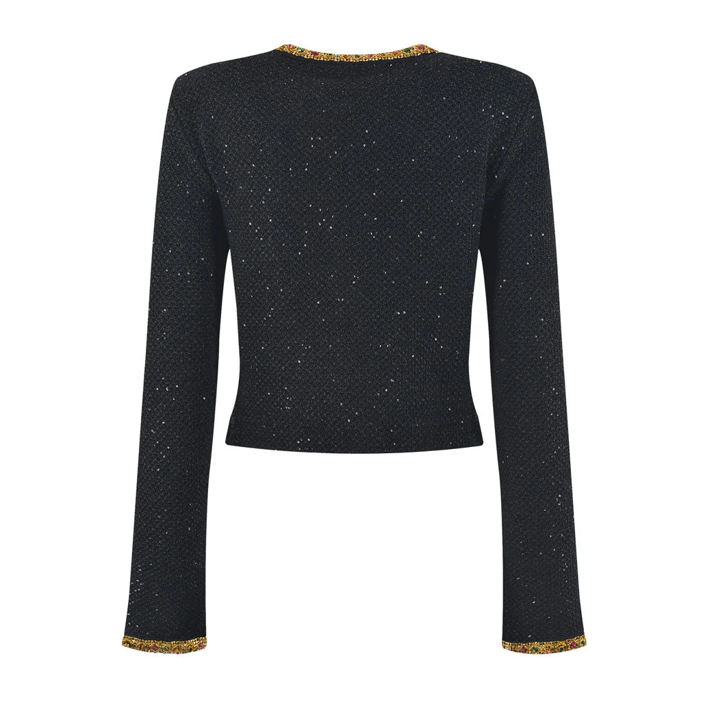 Opulent Crystal Trim Crew Neck Button Up Cropped Wool Knit Sequin Cardigan - Image 2