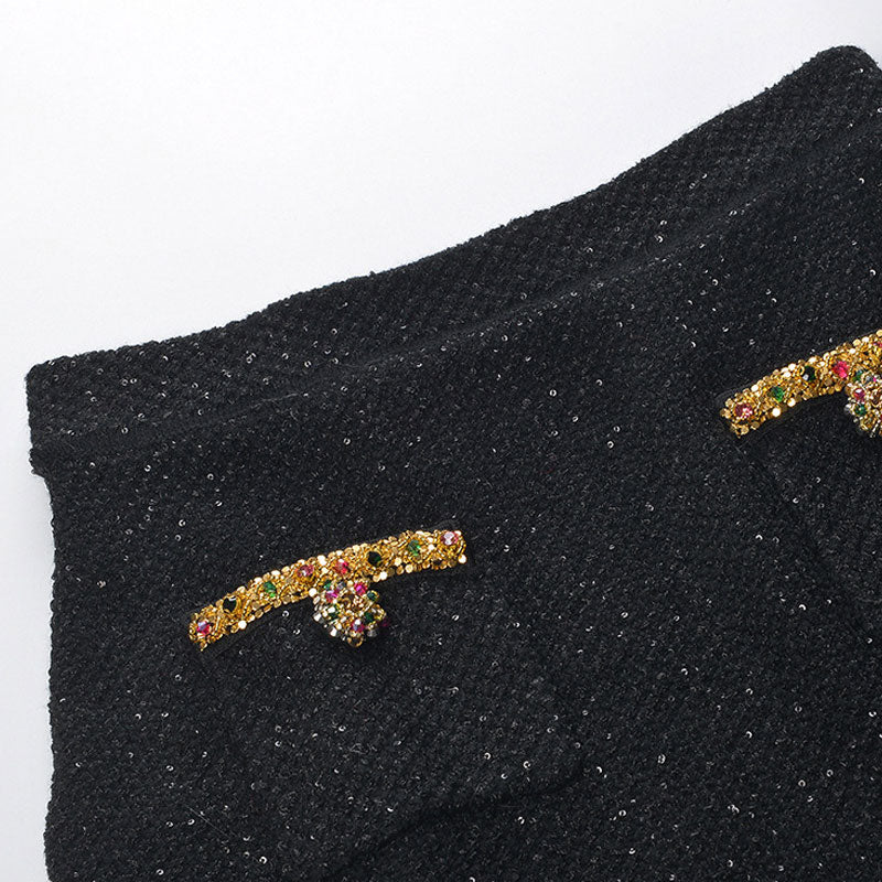 Opulent Crystal Trim High Waist Patch Pocket Bodycon Wool Knit Sequin Mini Skirt - Image 3