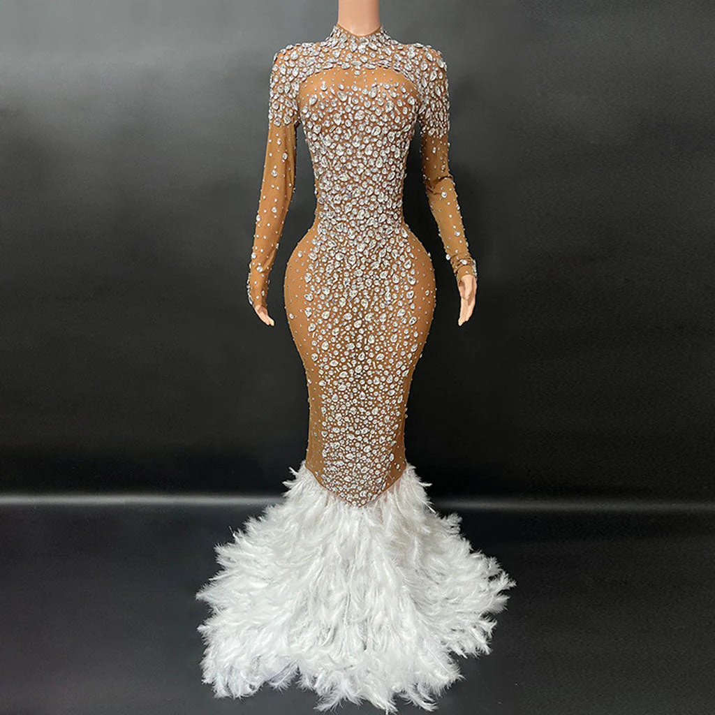 Opulent Diamante Mock Neck Sheer Mesh Faux Feather Trim Maxi Fishtail Dress - Image 3