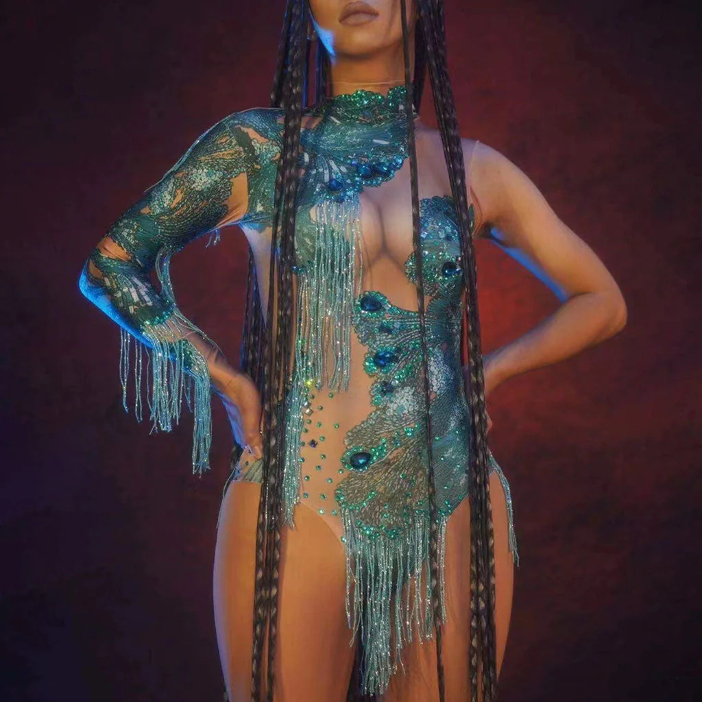Opulent Diamante Peacock Print High Neck Singular Sleeve Fringe Bodysuit - Image 3