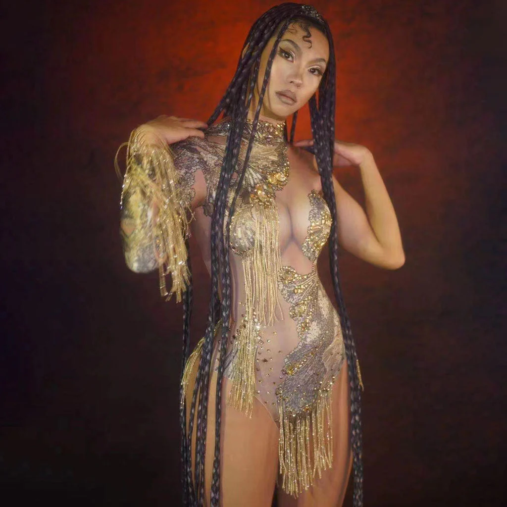 Opulent Diamante Peacock Print High Neck Singular Sleeve Fringe Bodysuit - Image 5