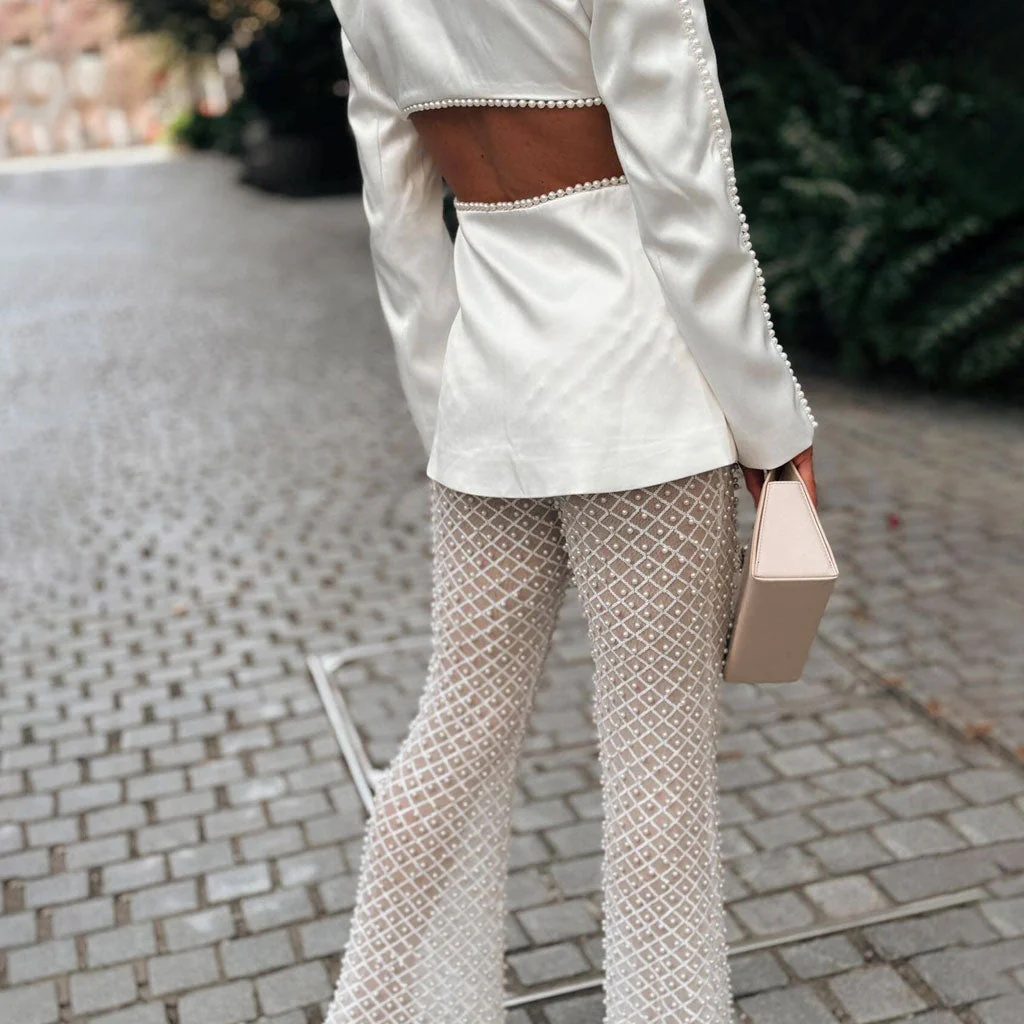 Opulent Faux Pearl Sheer Pants Rosette Satin CutOut Blazer Matching Set - Image 5