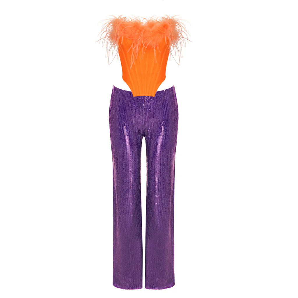 Opulent Feather Trim Corset Mid Rise Straight Leg Sequin Pants Matching Set - Image 2