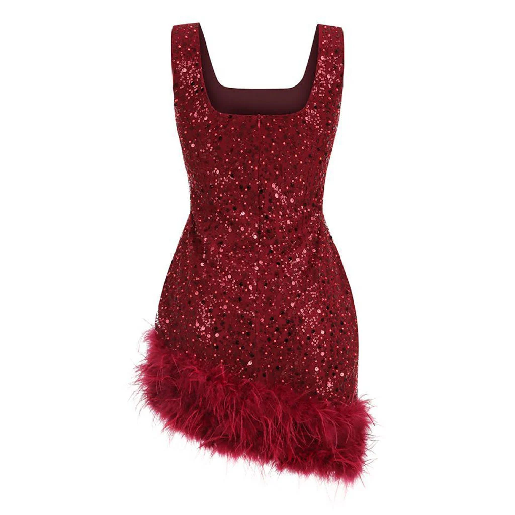 Opulent Feather Trim Faux Pearl Beaded Sequin Square Neck Mini Tank Party Dress - Image 2