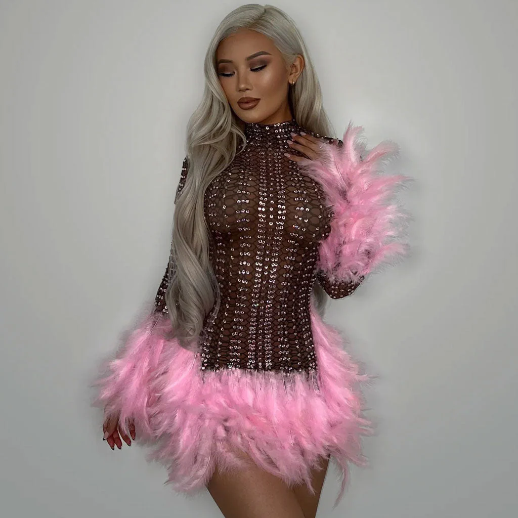 Opulent Handmade Crystal Mesh Sheer Bodycon Contrast Feather Trim Mini Dress - Image 2