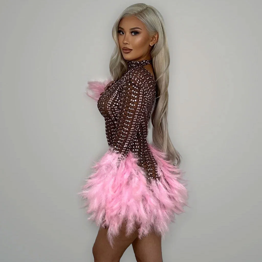 Opulent Handmade Crystal Mesh Sheer Bodycon Contrast Feather Trim Mini Dress - Image 3