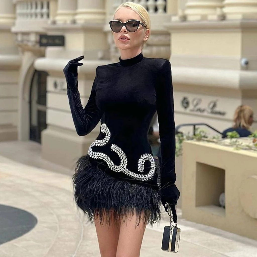 Opulent High Neck Glove Sleeve Crystal Detail Velvet Feather Mini Dress - Image 2