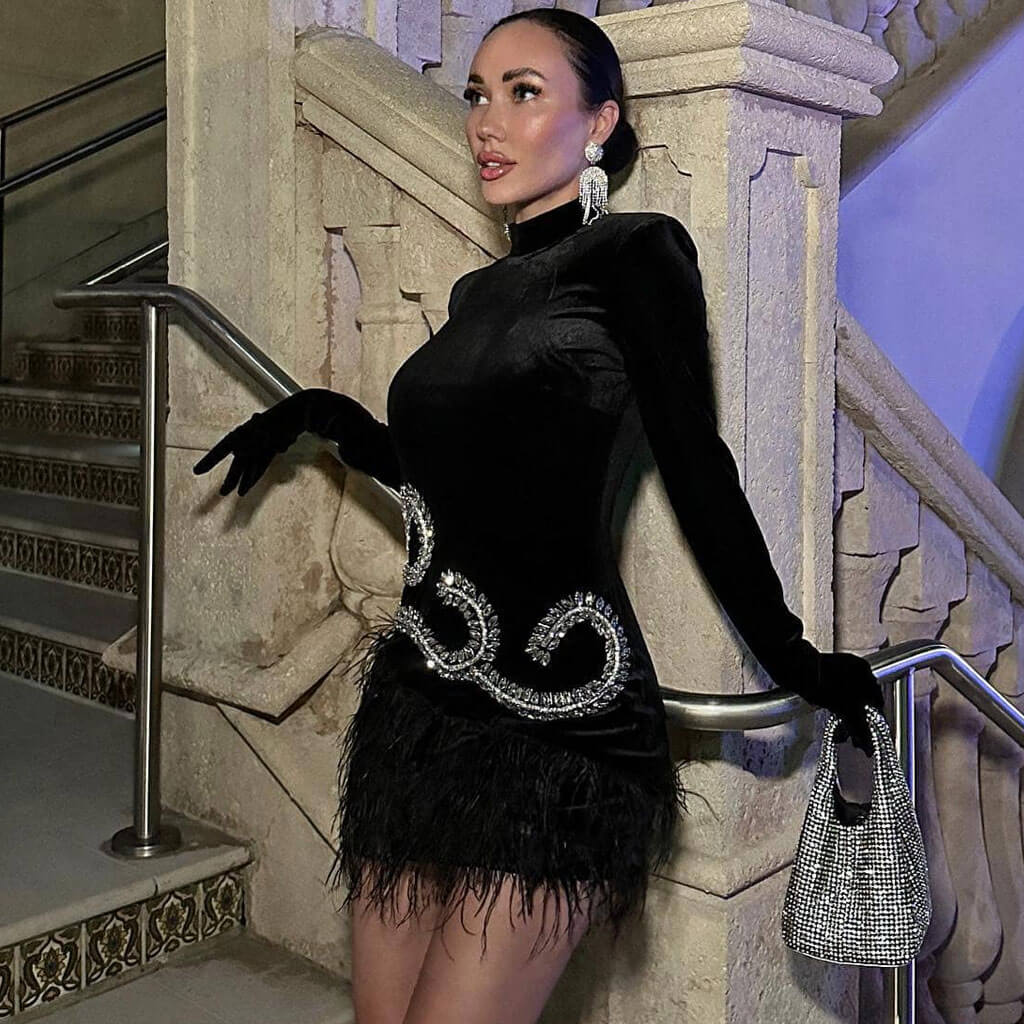 Opulent High Neck Glove Sleeve Crystal Detail Velvet Feather Mini Dress - Image 3