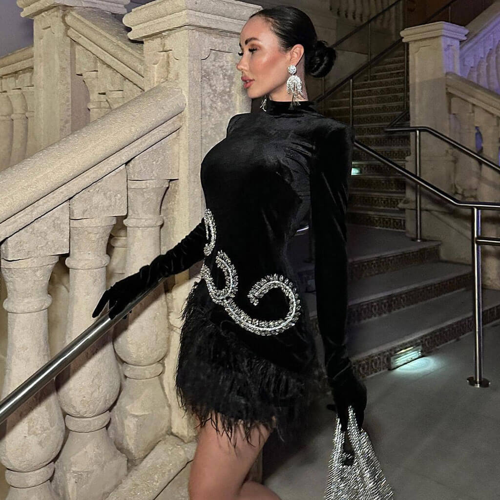 Opulent High Neck Glove Sleeve Crystal Detail Velvet Feather Mini Dress - Image 4