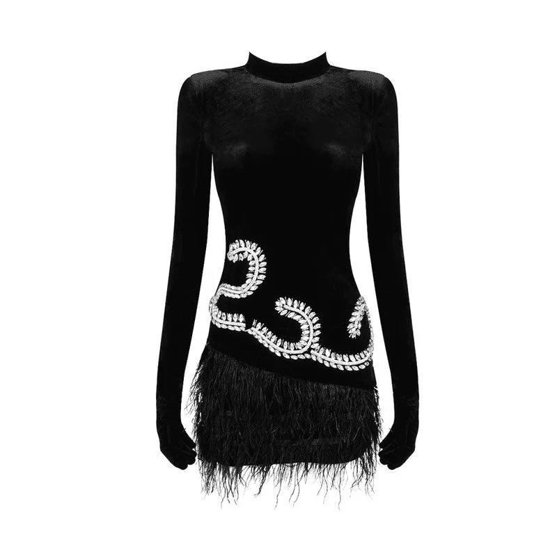 Opulent High Neck Glove Sleeve Crystal Detail Velvet Feather Mini Dress - Image 7