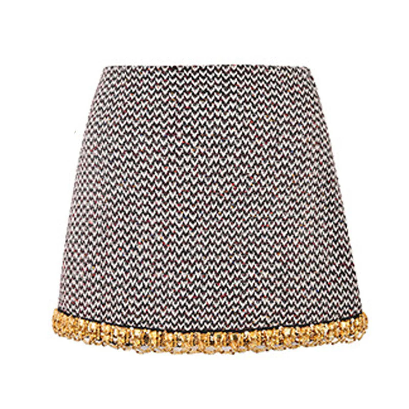 Opulent High Waist Rhinestone Trim Wool Blend Multicolored Tweed Mini Skirt - Image 2