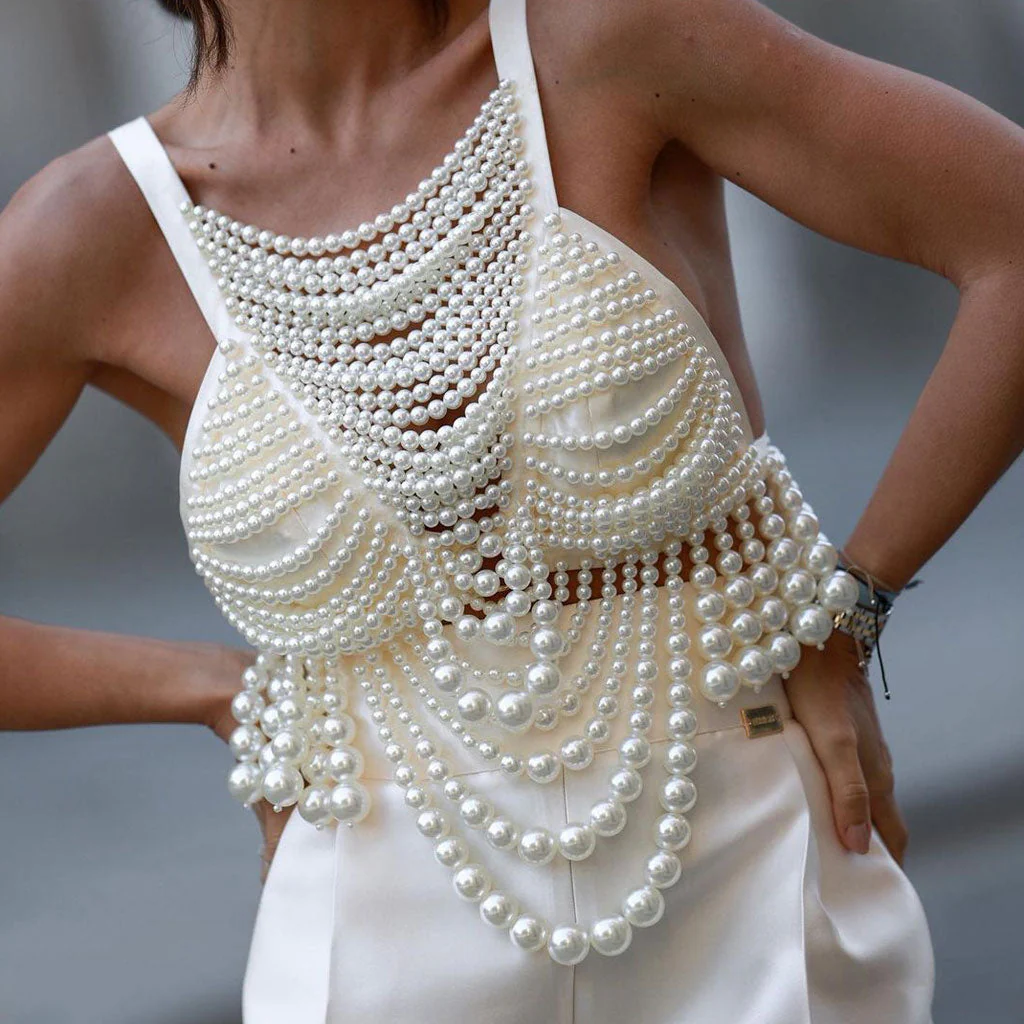 Opulent Imitation Pearl Beaded Suspender Strap Backless Crop Tank Top - Image 3
