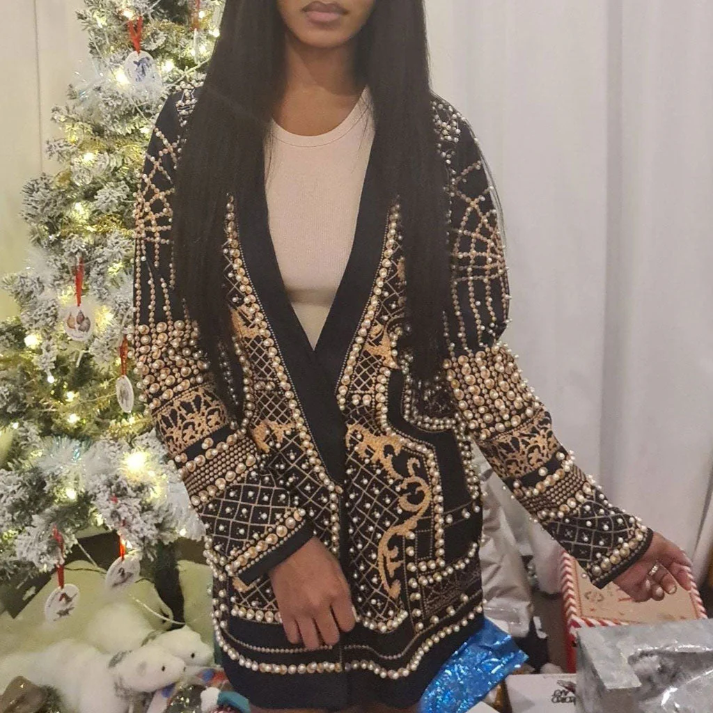 Opulent Pearl Beaded Single Breasted V Neck Collarless Long Blazer - Gold - Image 2