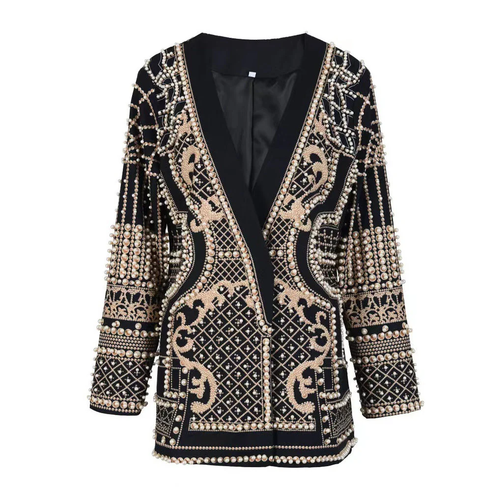 Opulent Pearl Beaded Single Breasted V Neck Collarless Long Blazer - Gold - Image 3
