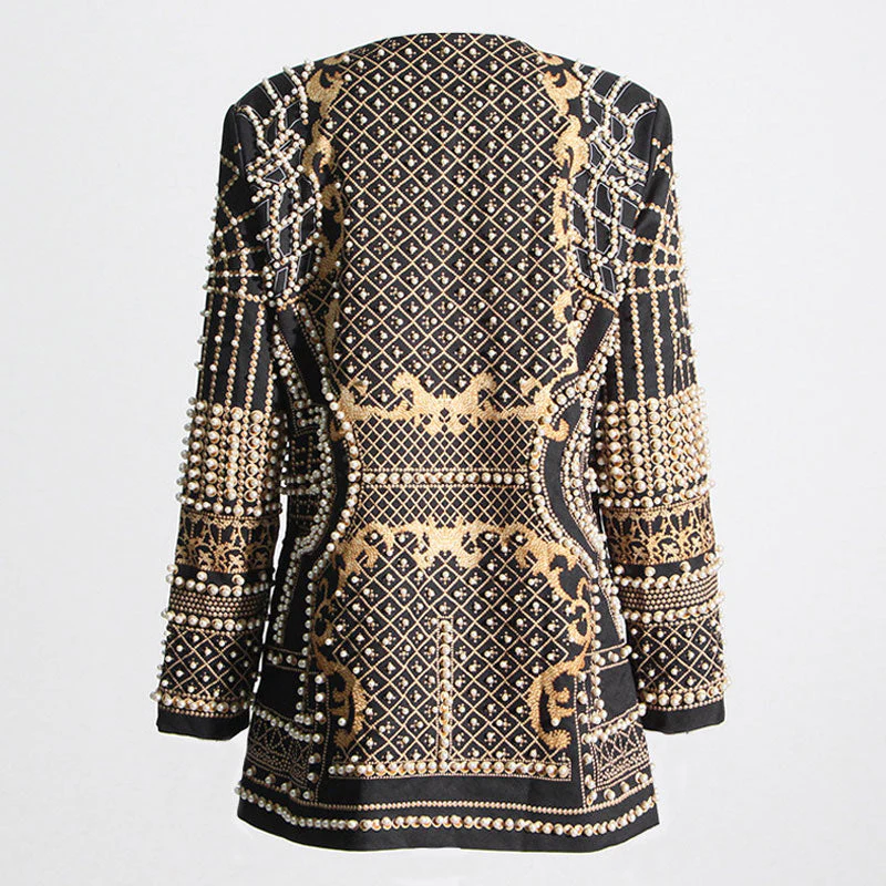 Opulent Pearl Beaded Single Breasted V Neck Collarless Long Blazer - Gold - Image 4