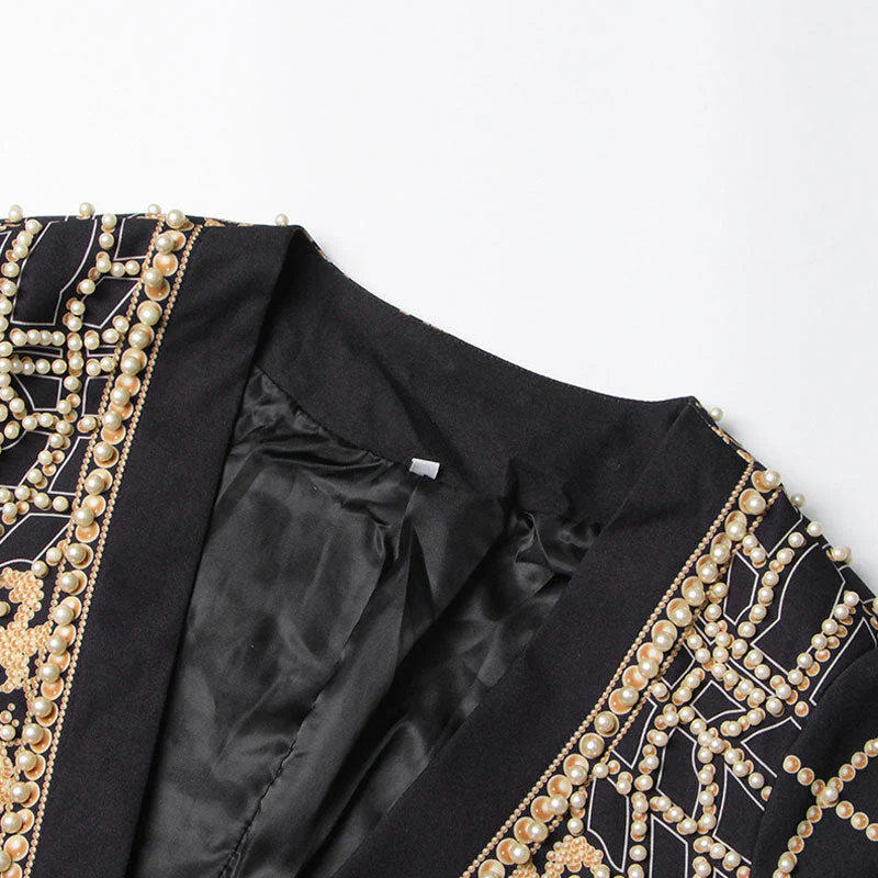 Opulent Pearl Beaded Single Breasted V Neck Collarless Long Blazer - Gold - Image 5
