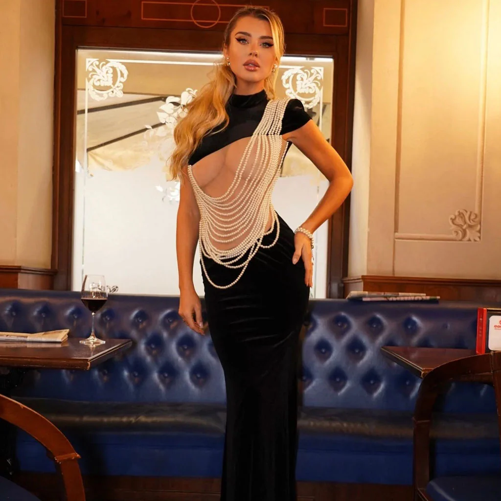 Opulent Pearl Chain Sheer Mesh Short Sleeve Velvet Maxi Fishtail Dress - Image 3