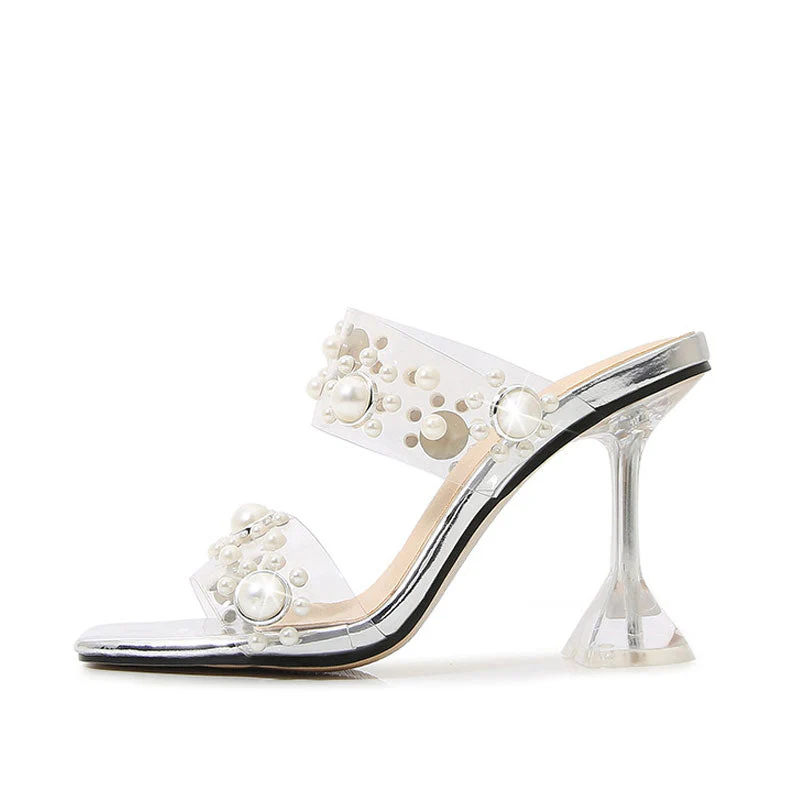 Opulent Pearl Embellished Clear Strap Square Toe PVC Mules - Silver - Image 2