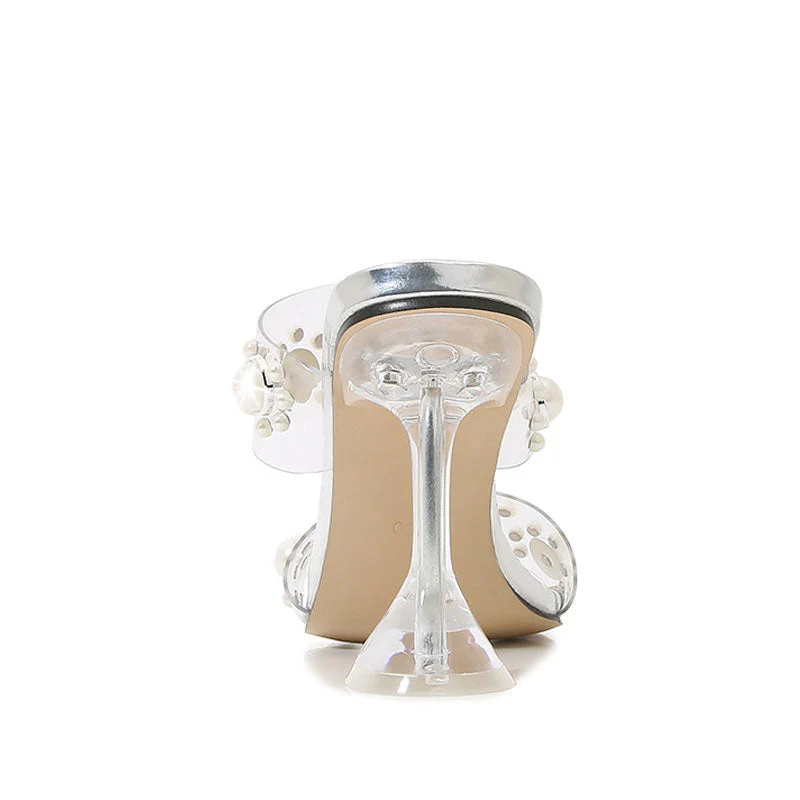 Opulent Pearl Embellished Clear Strap Square Toe PVC Mules - Silver - Image 3