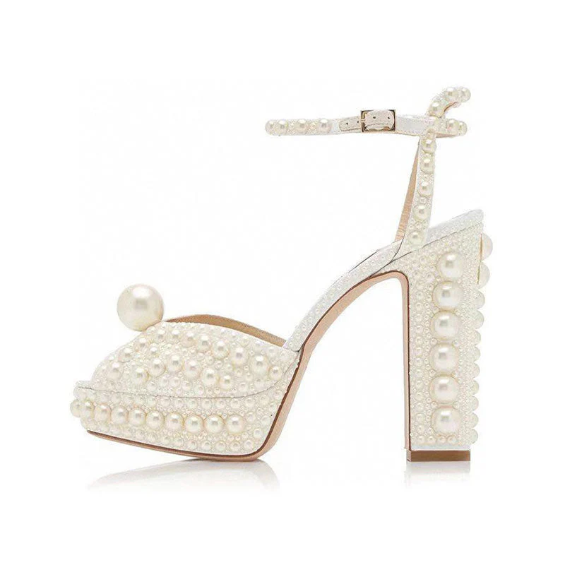Opulent Pearl Embellished Peep Toe Platform Block Heel Sandals - White - Image 5