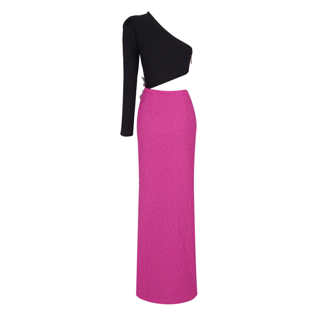 Opulent Pearl FLower One Shoulder Cut Out Waist Thigh Split Maxi Evening Dress - Image 4
