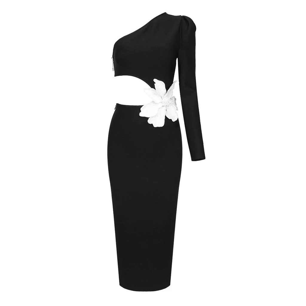 Opulent Pearl FLower One Shoulder Cut Out Waist Winter Midi Cocktail Dress - Image 5