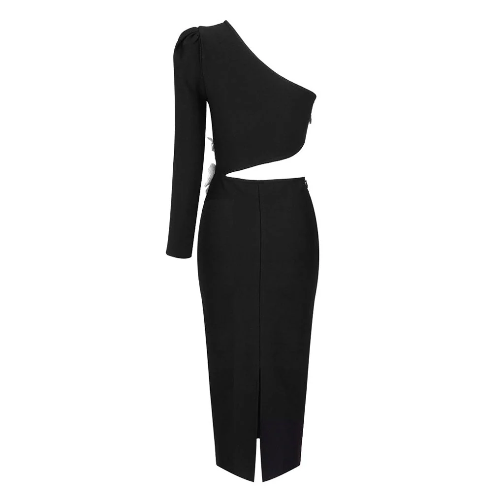 Opulent Pearl FLower One Shoulder Cut Out Waist Winter Midi Cocktail Dress - Image 6