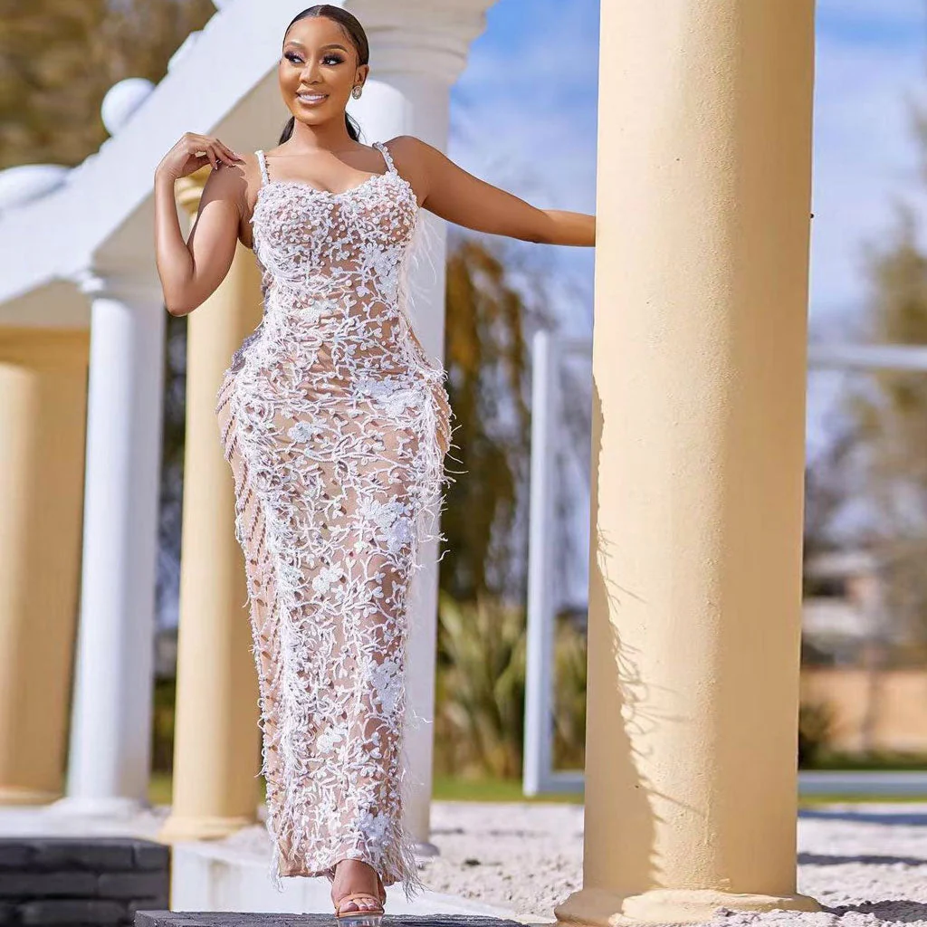 Opulent Pearl Sequined Floral Sweetheart Neck Back Slit Feather Trim Maxi Dress - Image 2