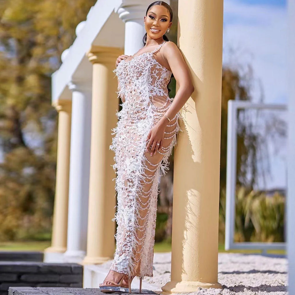 Opulent Pearl Sequined Floral Sweetheart Neck Back Slit Feather Trim Maxi Dress - Image 3