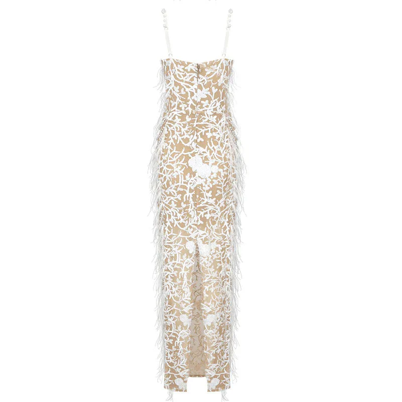 Opulent Pearl Sequined Floral Sweetheart Neck Back Slit Feather Trim Maxi Dress - Image 5