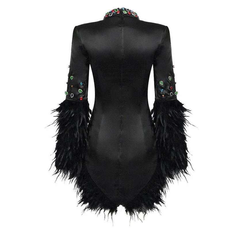 Opulent Rhinestone High Neck Padded Sleeve Sheer Mesh Satin Feather Trim Mini Dress - Image 6