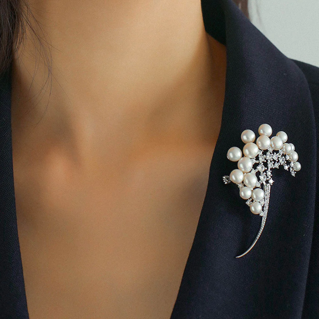 Opulent Rhodium Plated Cubic Zirconia Freshwater Pearl Bouquet Brooch - Image 2