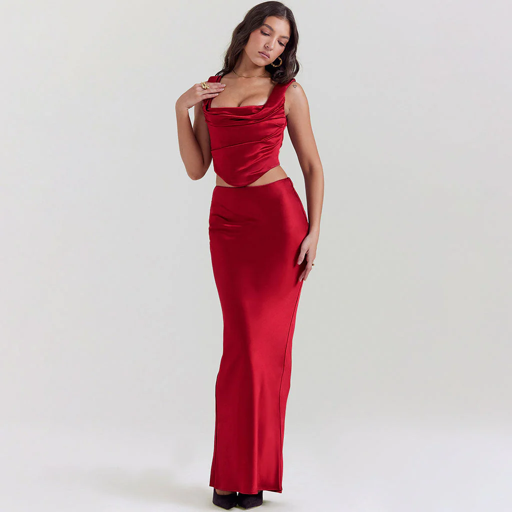 Opulent Satin Cowl Neck Cinched Back Crop Corset High Waist Maxi Skirt Matching Set - Image 5