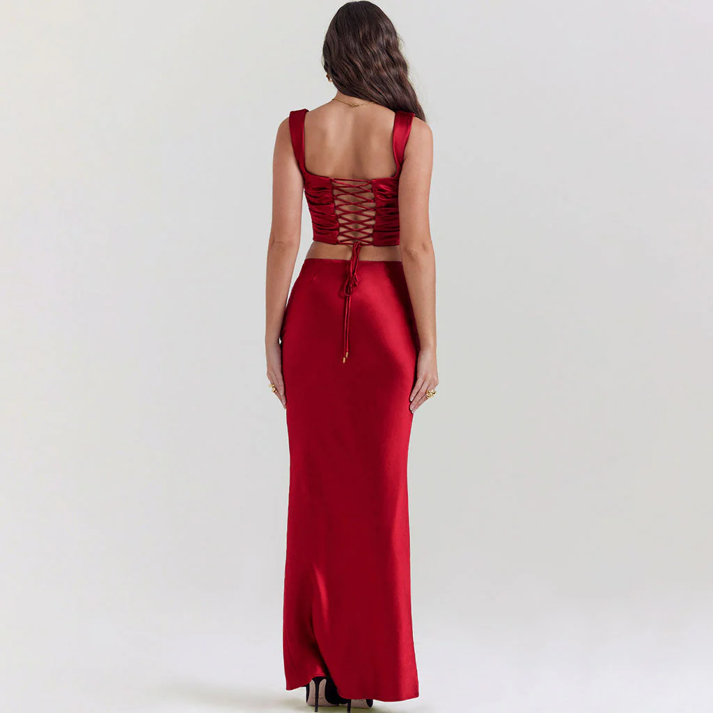 Opulent Satin Cowl Neck Cinched Back Crop Corset High Waist Maxi Skirt Matching Set - Image 7