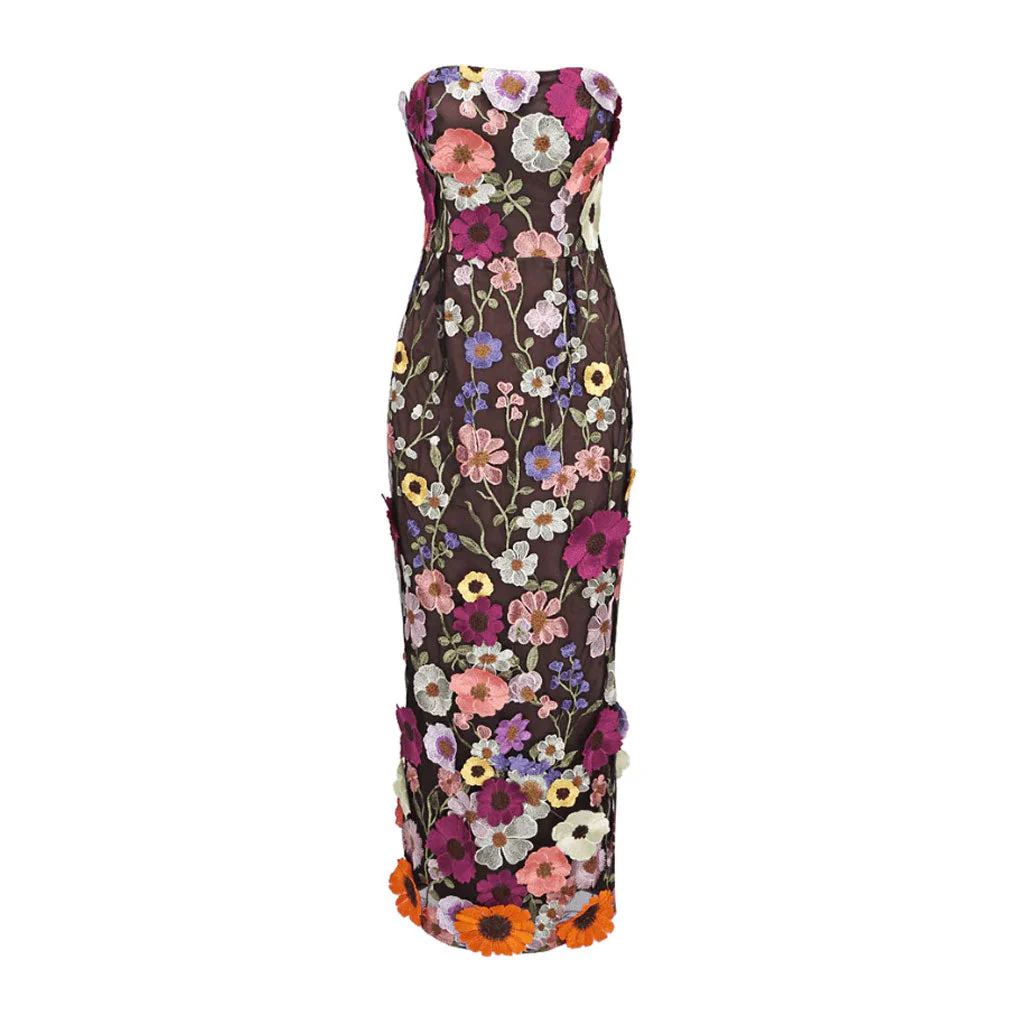 Opulent Sheen Satin Colorful 3D Floral Embroidered Bodycon Strapless Midi Dress - Image 3