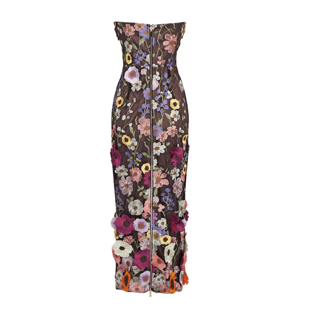 Opulent Sheen Satin Colorful 3D Floral Embroidered Bodycon Strapless Midi Dress - Image 4