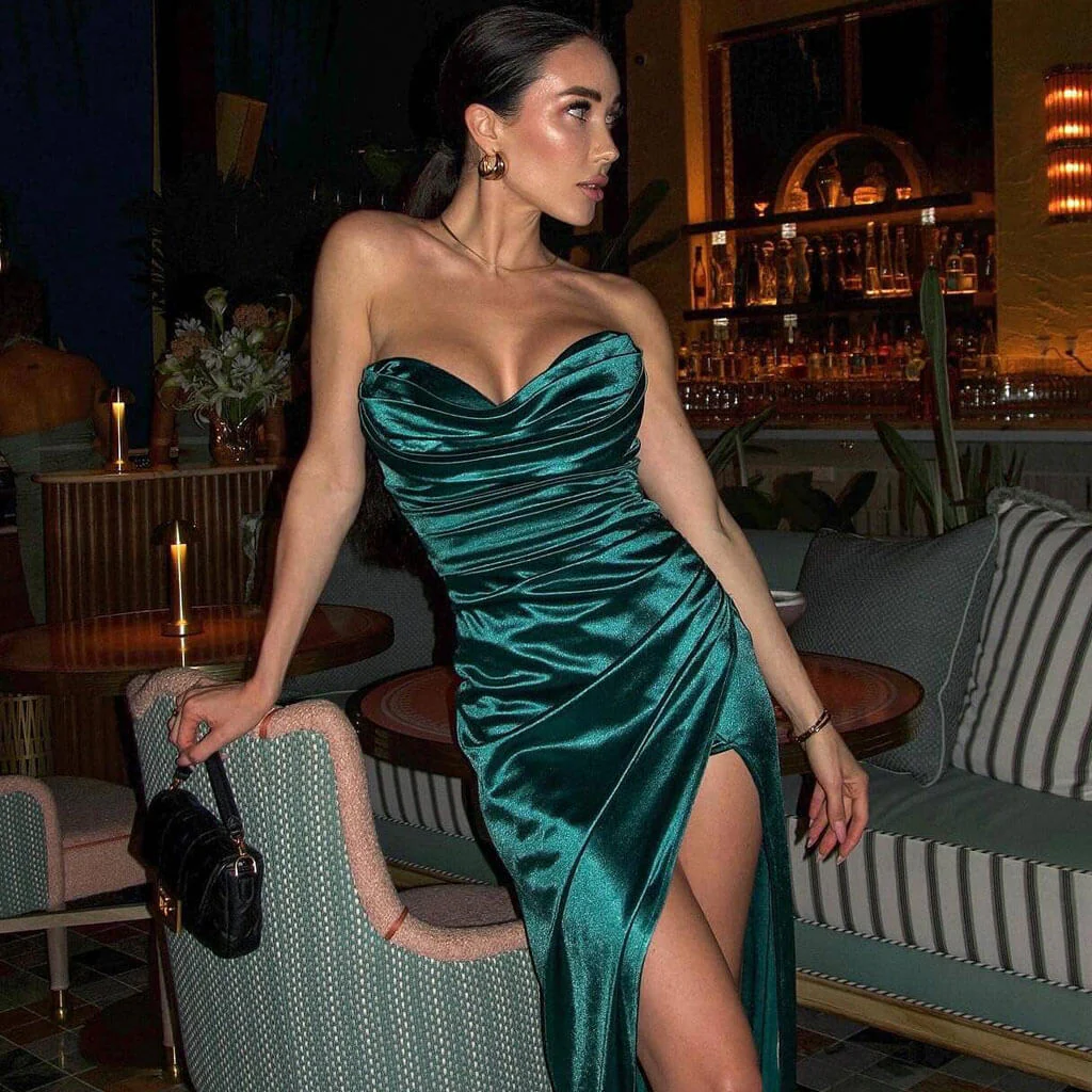 Opulent Sheen Satin Draped Neck Strapless Gathered Side Split Floor Length Evening Dress - Image 2