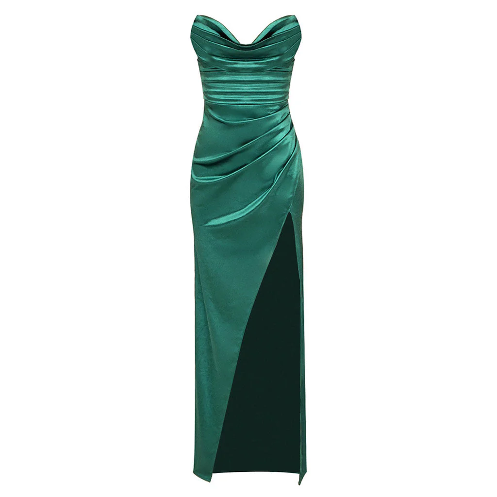 Opulent Sheen Satin Draped Neck Strapless Gathered Side Split Floor Length Evening Dress - Image 4