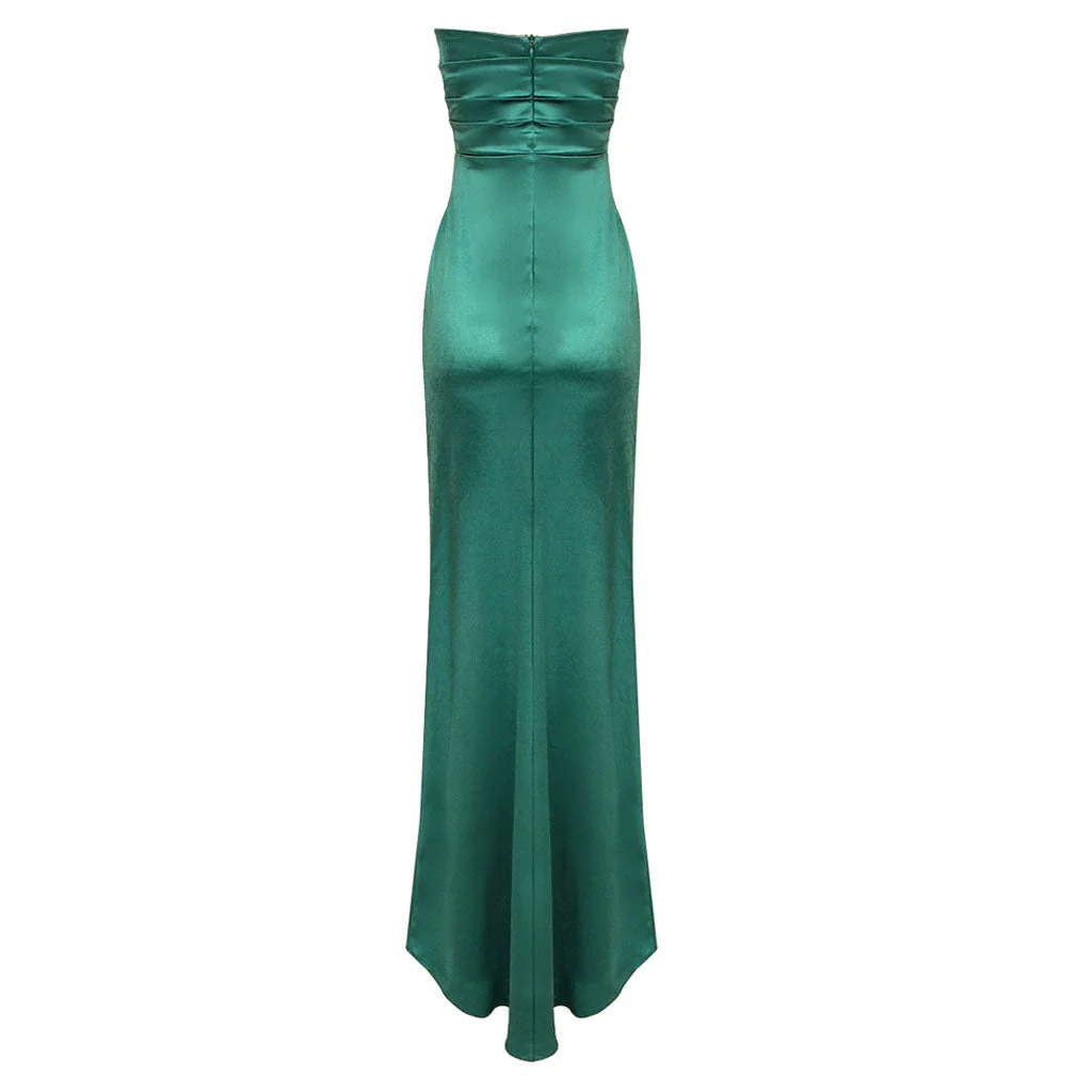 Opulent Sheen Satin Draped Neck Strapless Gathered Side Split Floor Length Evening Dress - Image 5