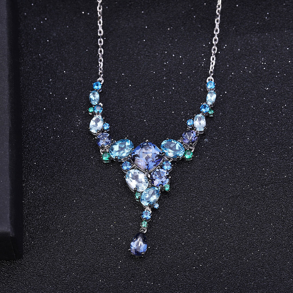 Opulent Swiss Blue Topaz Mystic Quartz Pendant Statement NeckLace - Image 2